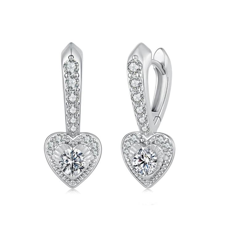 Sterling silver heart-shaped moissanite drop earrings with bezel-set stones