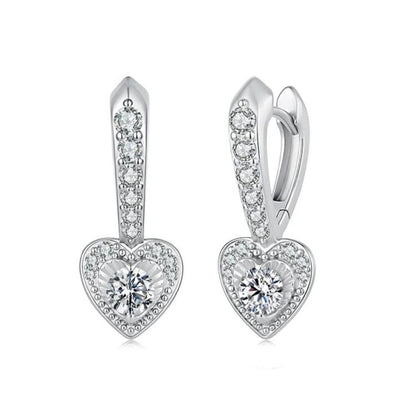 Sterling silver heart-shaped moissanite drop earrings with bezel-set stones