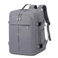 Gray travel backpack with front zip pocket, top handle, and adjustable shoulder straps