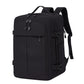 Black travel backpack with front zip pocket, top handle, and adjustable shoulder straps