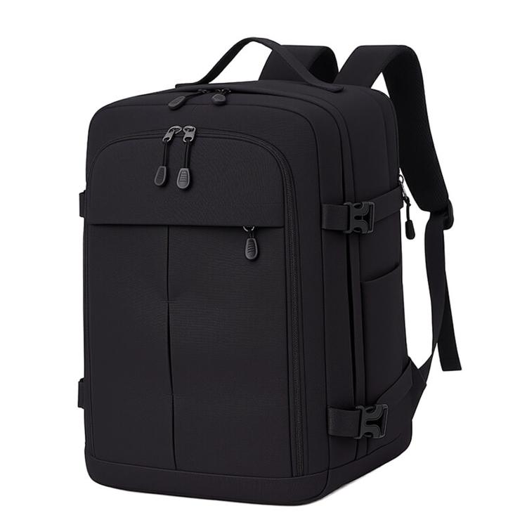 Black travel backpack with front zip pocket, top handle, and adjustable shoulder straps