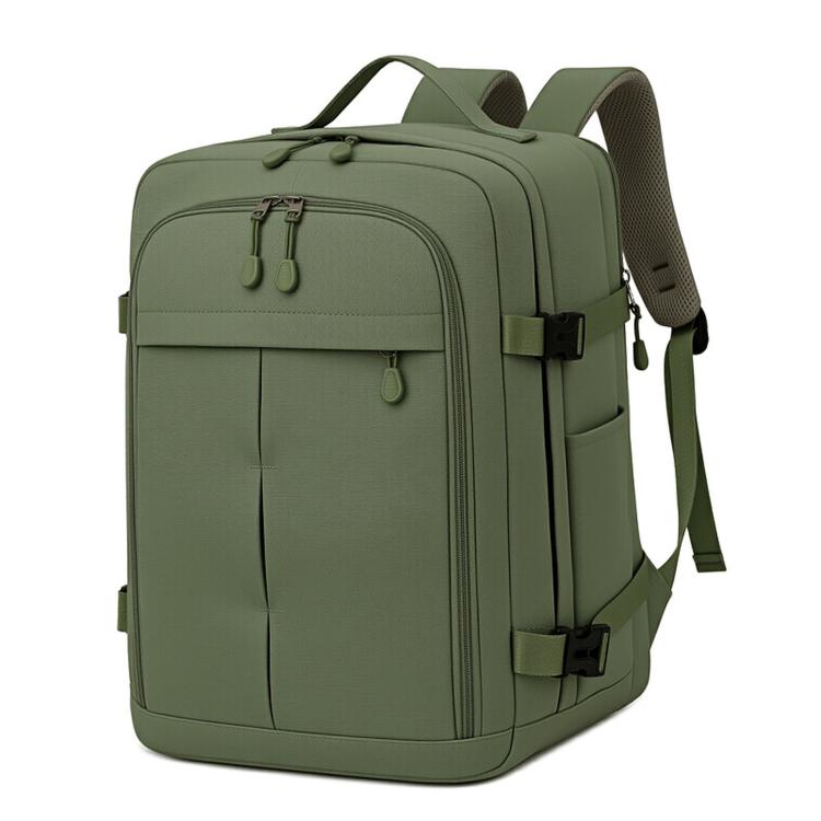 Green travel backpack with front zip pocket, top handle, and adjustable shoulder straps