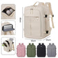 Beige travel backpack with inset views of interior compartments and side pocket