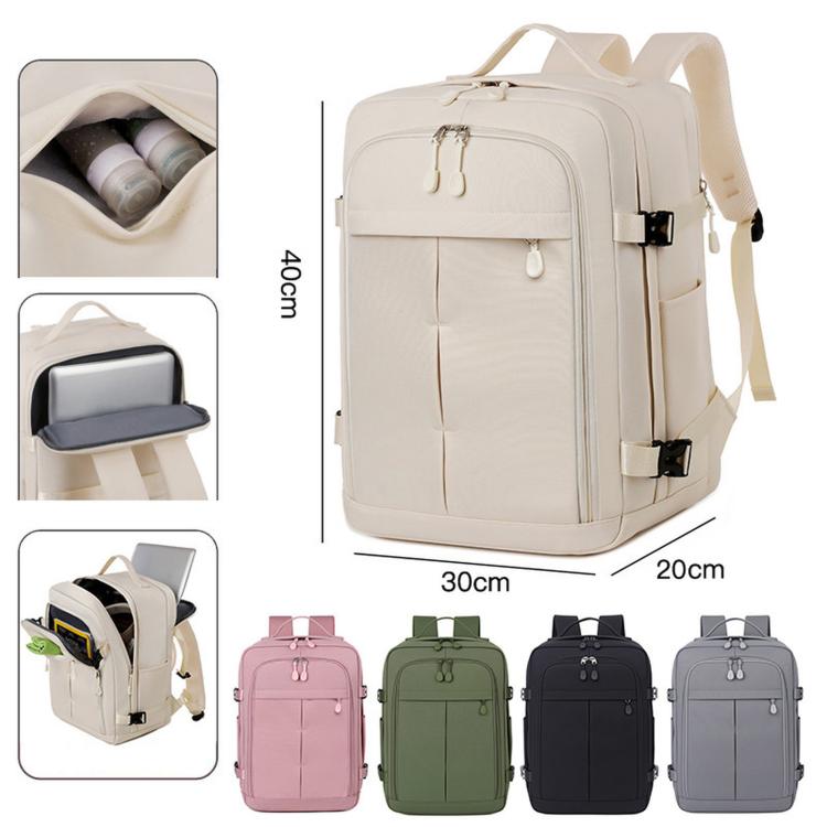 Beige travel backpack with inset views of interior compartments and side pocket