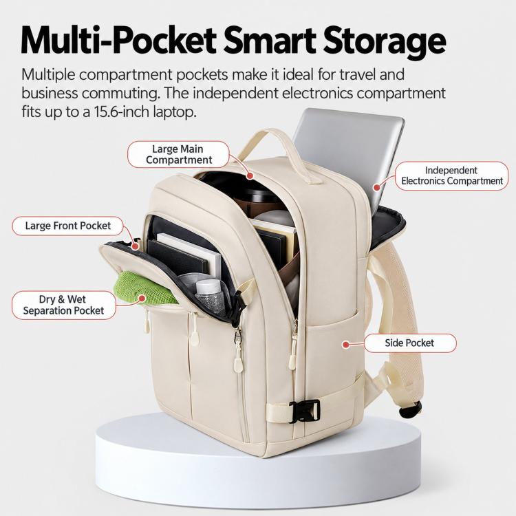 Beige travel backpack shown open with multiple interior pockets and side storage