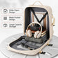 Beige travel backpack open with mesh pocket and headphone-style accessory inside