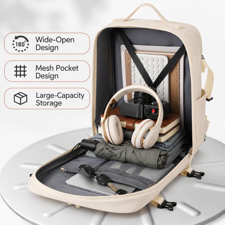 Beige travel backpack open with mesh pocket and headphone-style accessory inside