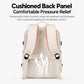 Beige travel backpack with cushioned back panel and padded, adjustable shoulder straps