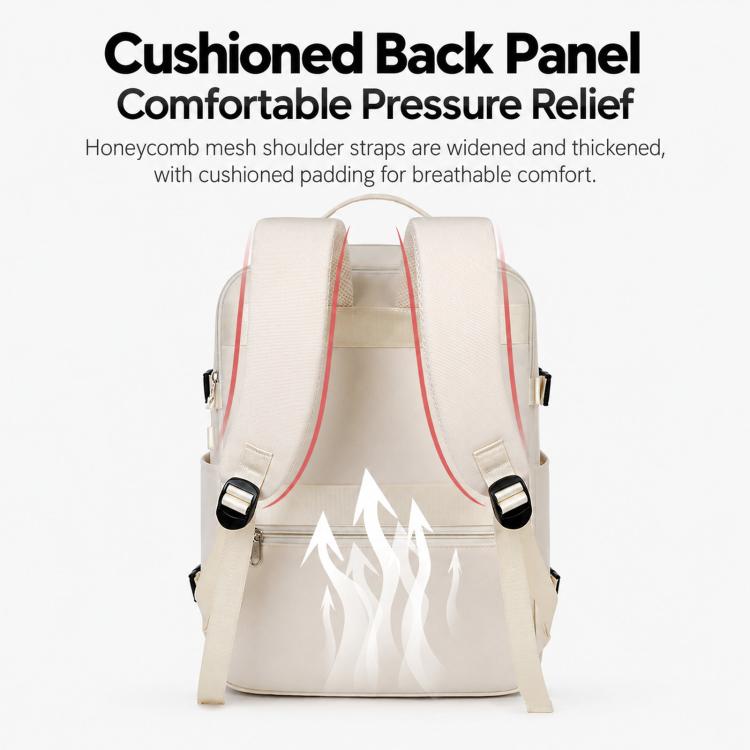 Beige travel backpack with cushioned back panel and padded, adjustable shoulder straps