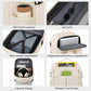 Beige travel backpack with side pocket, key hook, and padded electronics compartment