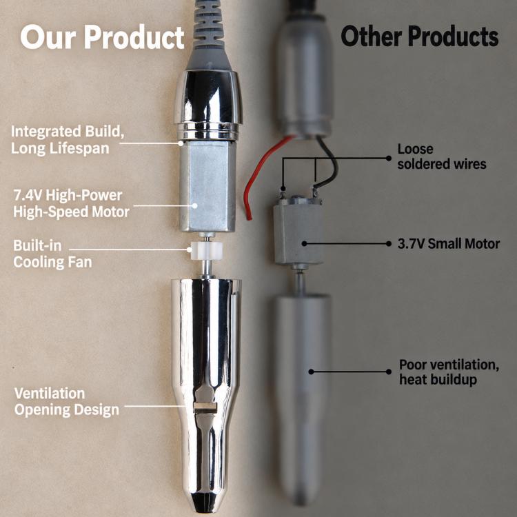 Nail drill handpiece with metal bit housing and detachable motor base