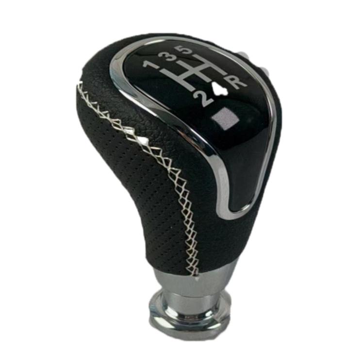 Black round gear shift knob with clear shift panel, chrome base, stitched leather cover