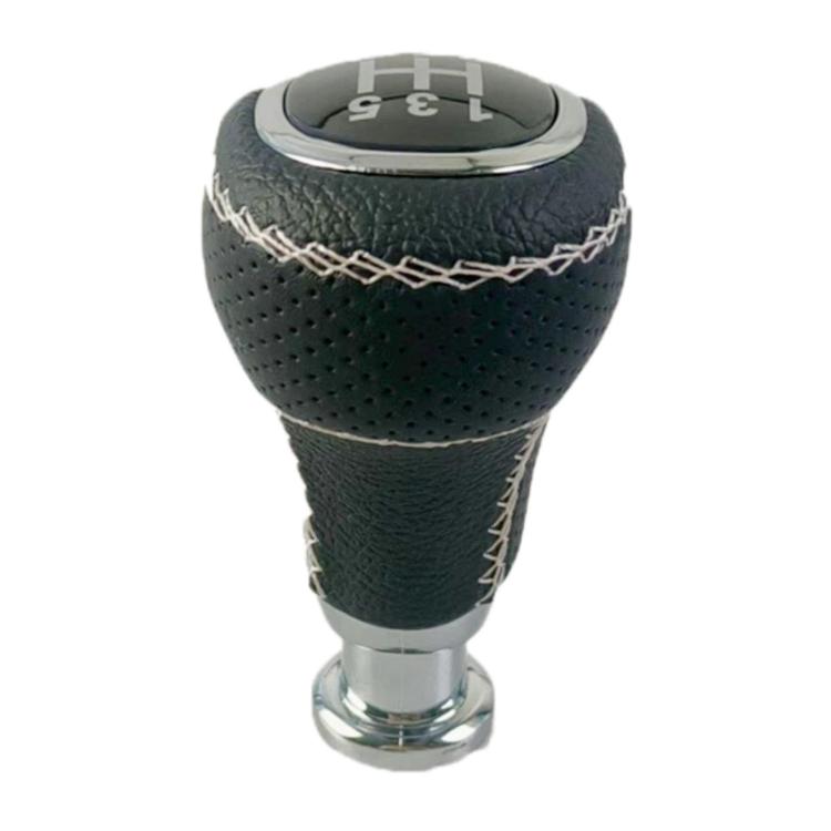Black leather-look gear shift knob with stitched cross panel and chrome stem