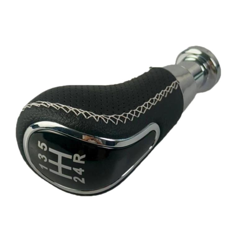 Black round gear shift knob, perforated grip with contrast stitching, chrome collar