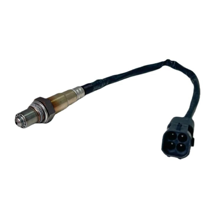 Oxygen sensor with metal tip, black wire harness, and 4-pin plug