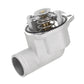 Car engine thermostat assembly with exposed spring and round cap on housing