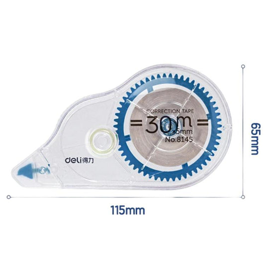 Correction tape dispenser, transparent case with 30m reel and blue measuring markings