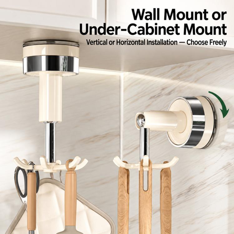 Under-cabinet suction mount with chrome rotating post and three curved hooks