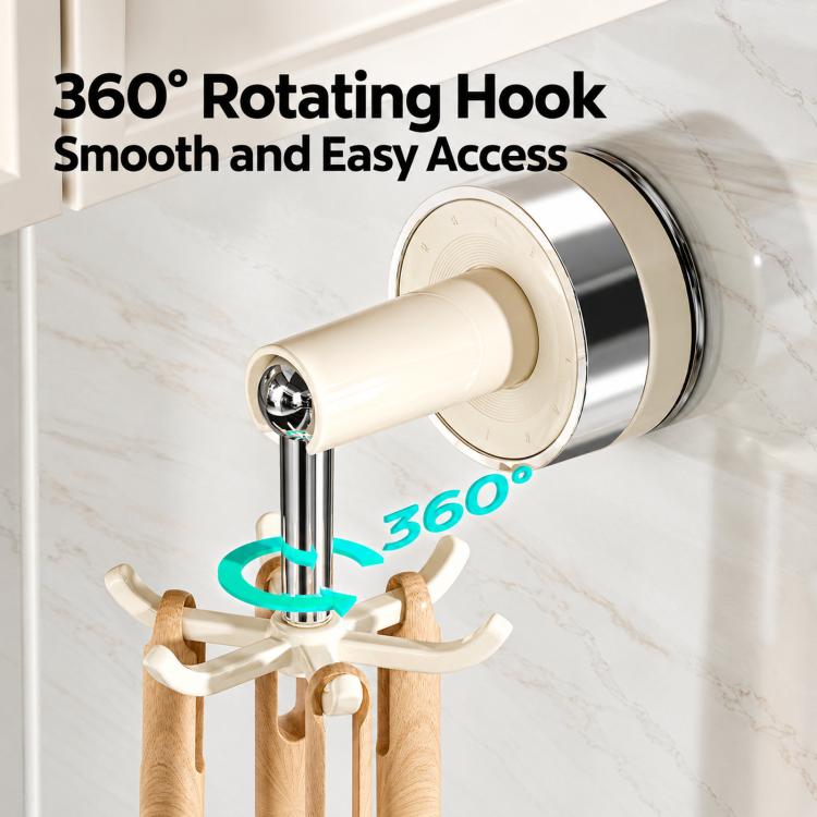 360-degree rotating suction-cup hook rack with chrome stem and three beige hooks