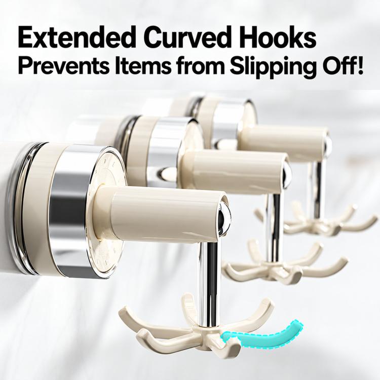 Curved extended hooks on rotating suction mount to hold items securely on a wall