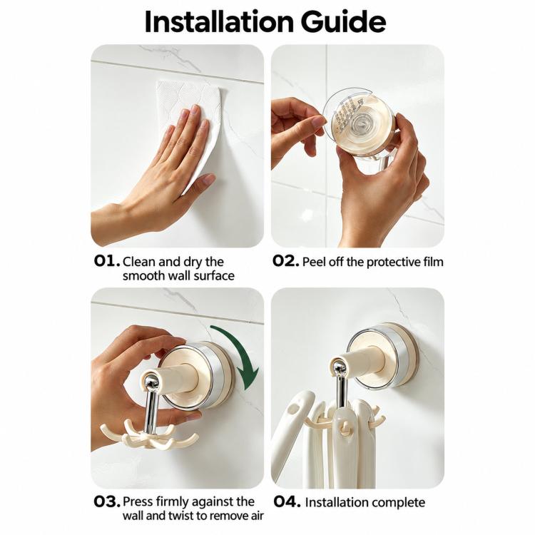 Suction-cup hook installation guide showing wall mounting of rotating hook rack