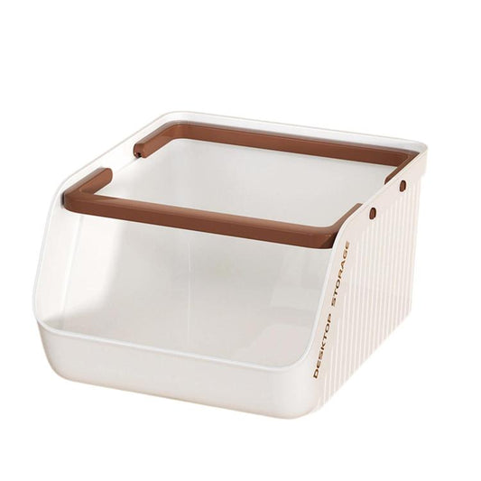 White acrylic drawer-style storage box organizer with brown handle and front label