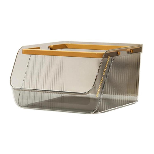 Clear acrylic drawer-style storage box with gold handle and striped side panels