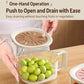 Brown vented lid collapsible colander with push-to-open action and green grapes