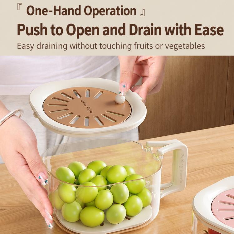 Brown vented lid collapsible colander with push-to-open action and green grapes