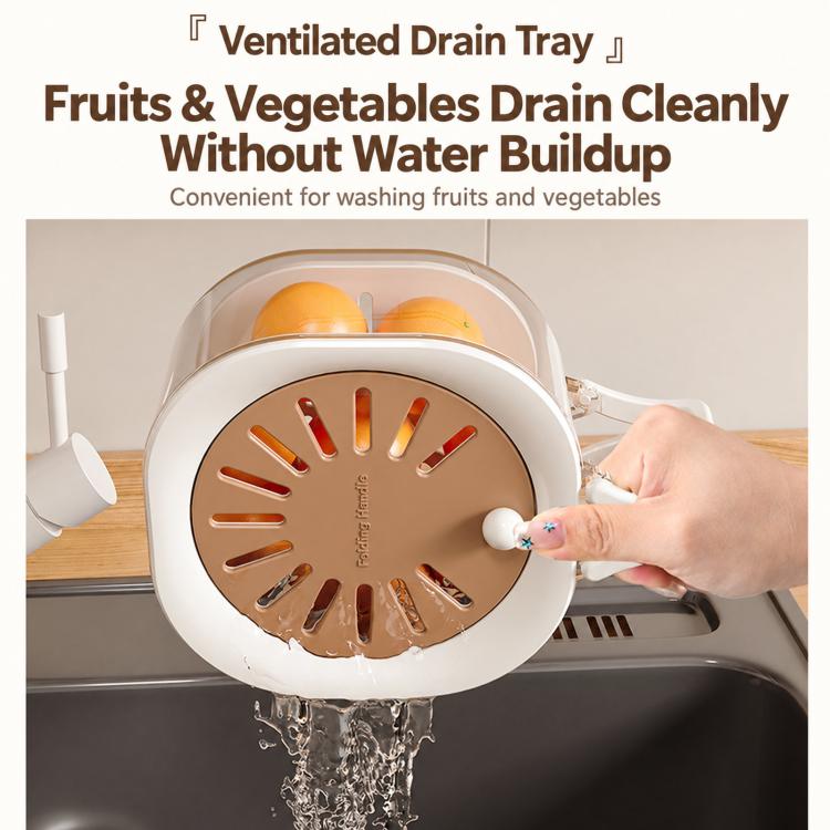 Brown vented colander with white lid and drain stream for washing fruits and veggies