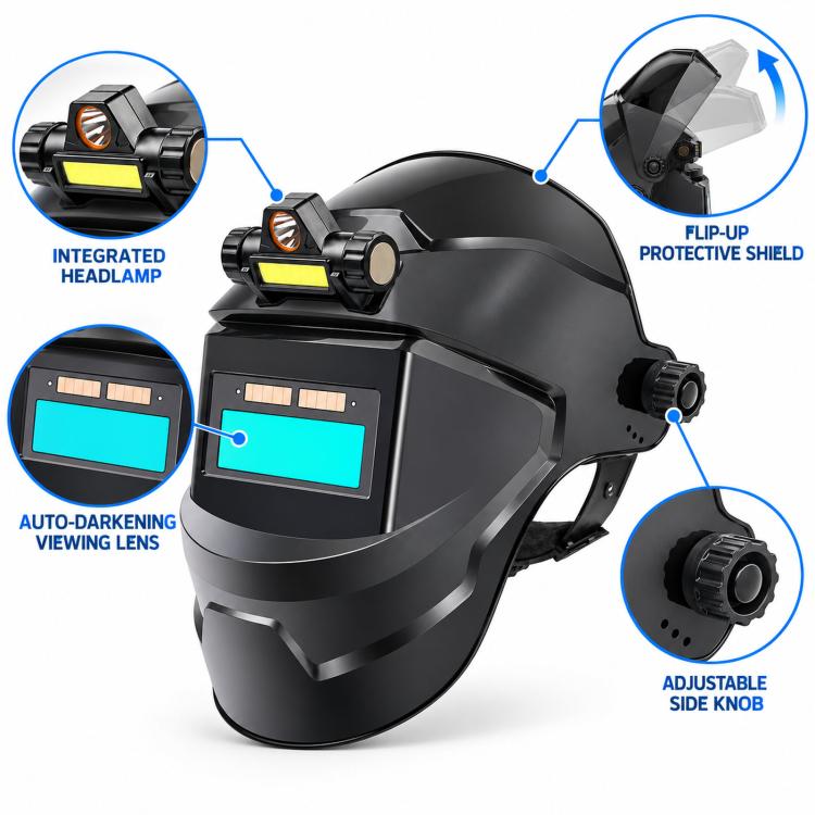 Auto-darkening welding helmet with flip-up protective shield, integrated headlamp, side knob.