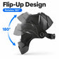Flip-up auto-darkening welding helmet shown raised, dark protective shell.