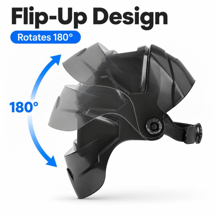 Flip-up auto-darkening welding helmet shown raised, dark protective shell.
