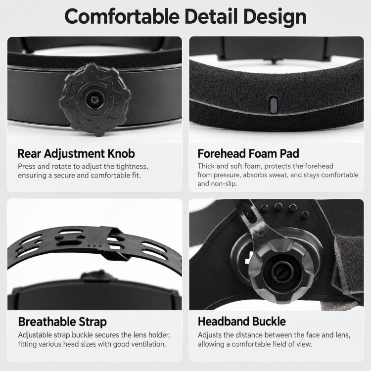 Welding helmet headband with rear adjustment knob, forehead foam pad, breathable strap.