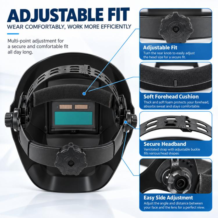 Welding helmet interior with viewing lens and padded headband with side adjustments.