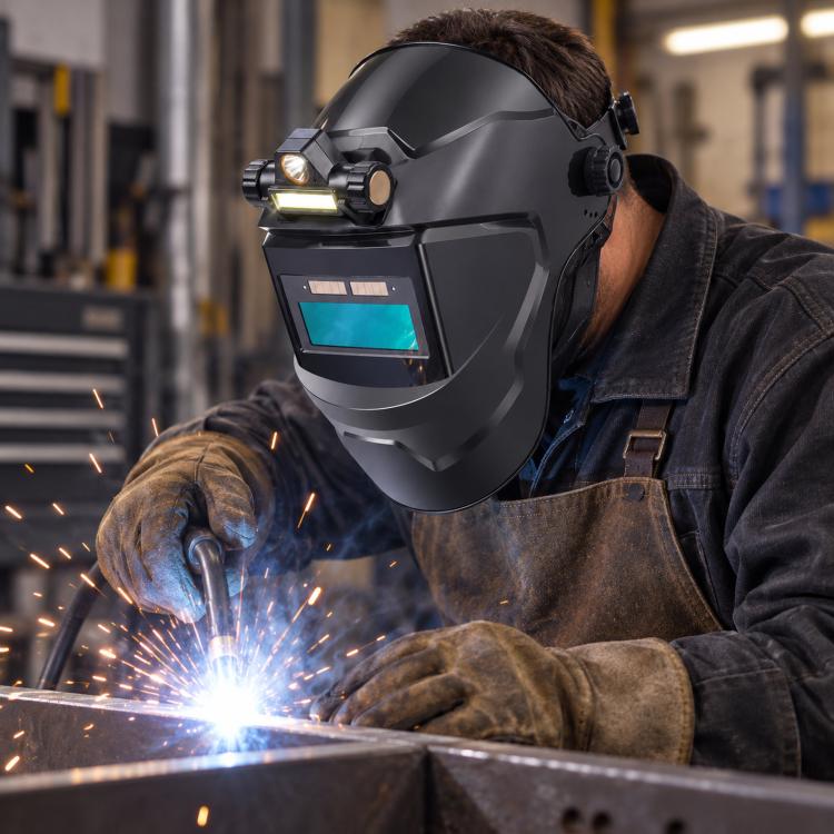 Worker wearing dark auto-darkening welding helmet with integrated headlamp while welding.