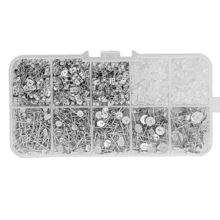 Earring stud findings kit in clear organizer, silver posts and butterfly backs