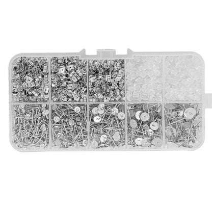 Earring stud findings kit in clear organizer, silver posts and butterfly backs