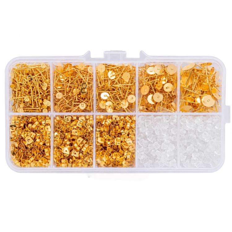 Earring stud findings kit in clear organizer, gold posts and butterfly backs