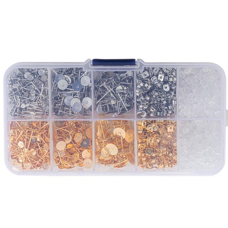 Earring stud findings kit in clear organizer, mixed silver and gold posts and backs
