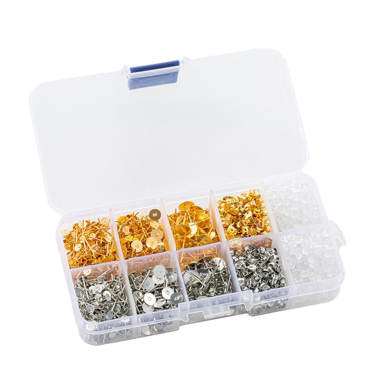 Earring stud findings kit box with gold and silver posts and flat pad backs