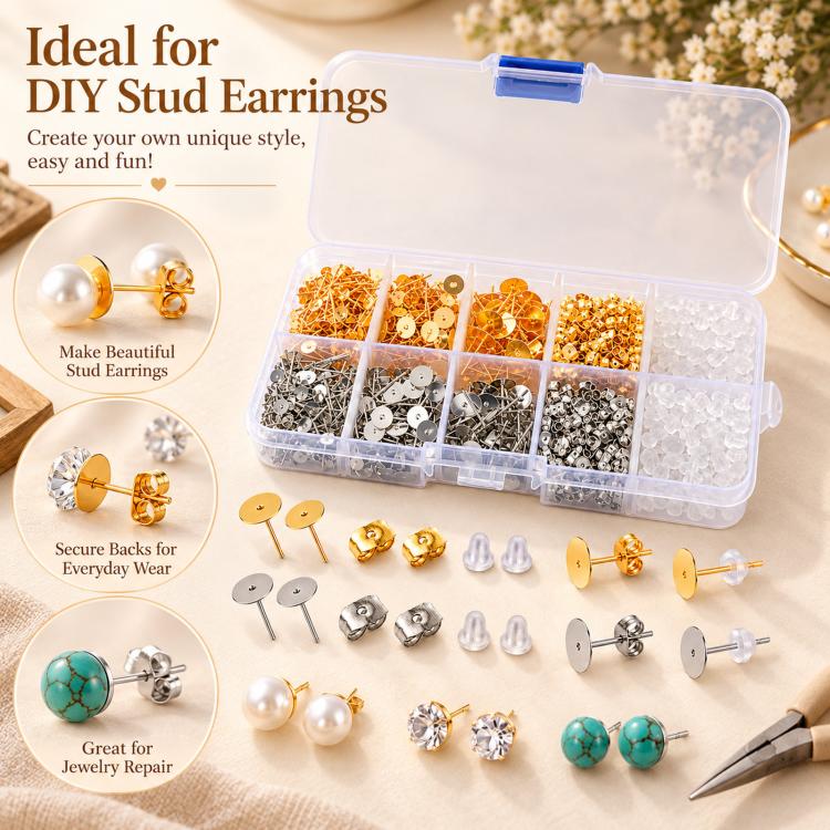 Earring stud findings kit with clear organizer and mixed posts and backs