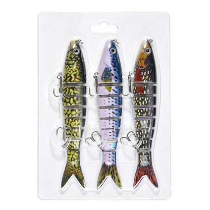 Set of three jointed swimbait fishing lures with treble hooks, green blue and gold colors