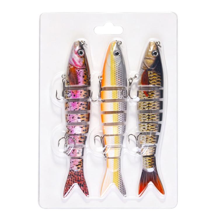 Set of three jointed swimbait fishing lures with treble hooks, pink, orange and gold colors