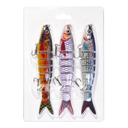 Set of three jointed swimbait fishing lures with treble hooks, orange red and blue colors