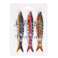 Set of three jointed swimbait fishing lures with treble hooks, dark blue red and yellow colors