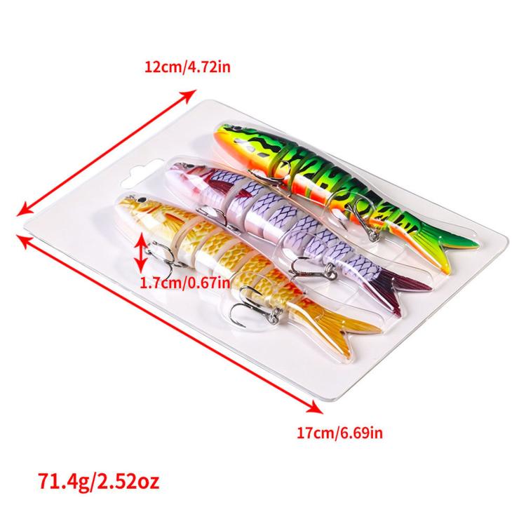 Three jointed swimbait fishing lures with treble hooks, multi-color set in blister