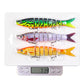 Three jointed swimbait fishing lures with treble hooks, neon green, purple and orange