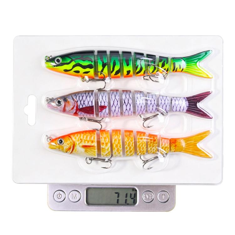 Three jointed swimbait fishing lures with treble hooks, neon green, purple and orange