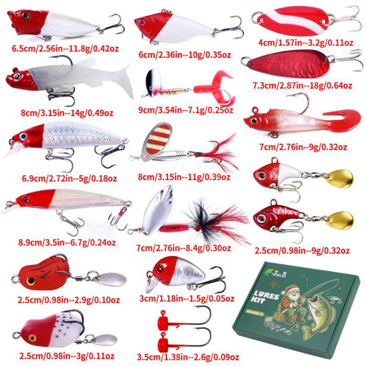 Assorted Christmas fishing lures in red, white, and gold with treble hooks